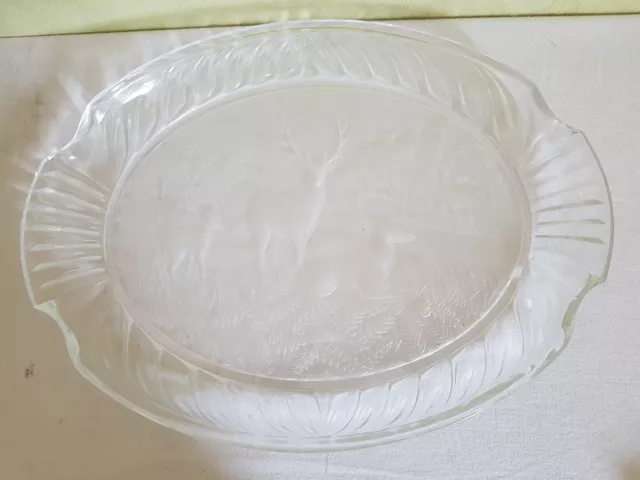Ancien plat  " ART DÉCO " en verre dépoli chasse biche chevreuil cerf