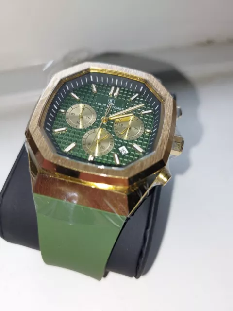 Mens Louis Lacombe Chronograph Watch Yellow Gold Colour Case Green Rubber Strap