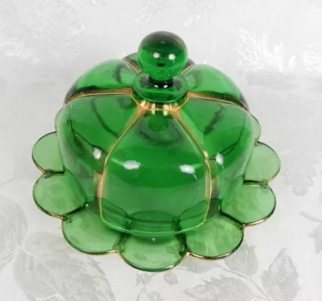 Antique EAPG Riverside Covered Butter Dish Green Glass Gold Trim X-Ray Pattern