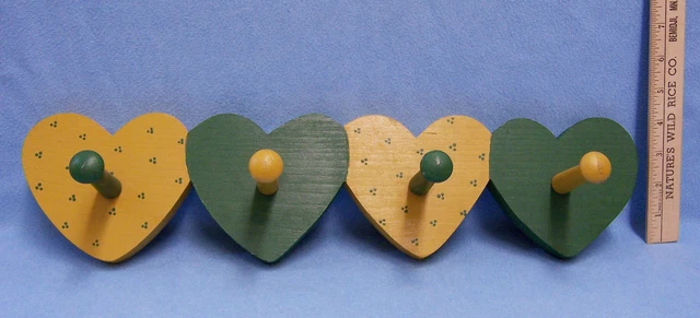 Hand Crafted Wood Wooden Heart Coat Rack Key Holder Hanger w/ Pegs Green & Gold