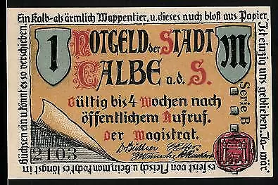 Notgeld Calbe a. d. Saale, 1 Mark, Siegel, Wehr der Saale