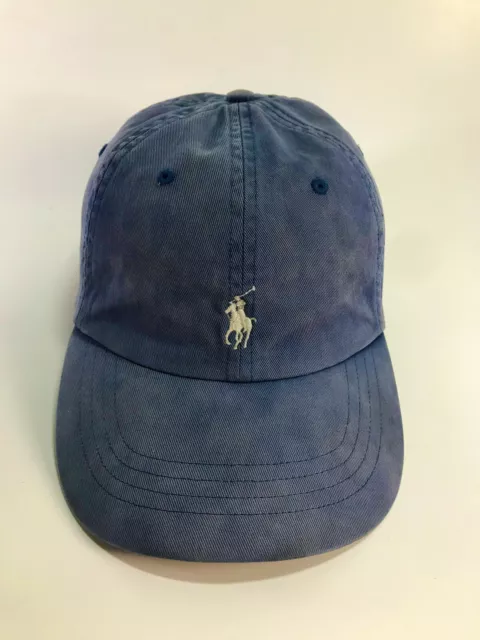 Polo Ralph Lauren Leather Strapback Blue Baseball Hat Cap VTG VGC