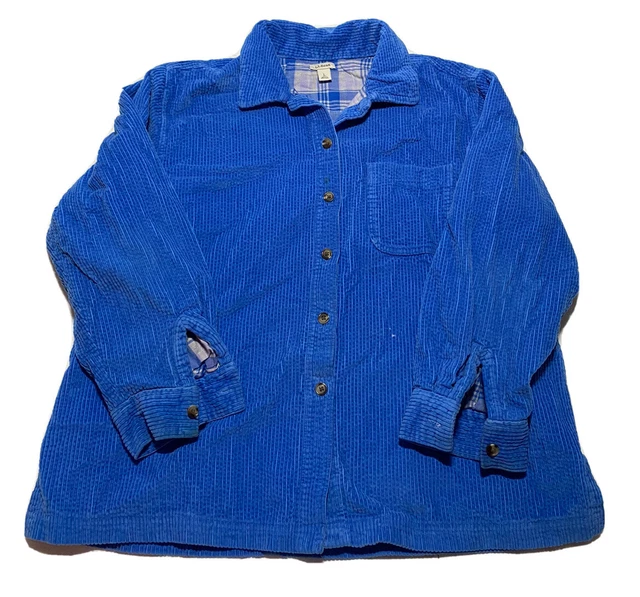 LL Bean Corduroy Jacket Womens Large PET Blue Flannel Lined Button Up K9