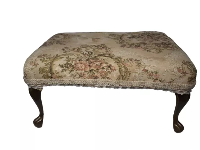 Vintage Upholstered Foot Stool with Brass Legs, Victorian Style, Floral & Lace