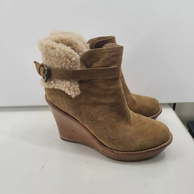 UGG Australia Brown Chestnut Suede Shearling Fur Anais Wedge Bootie US 6.5 M