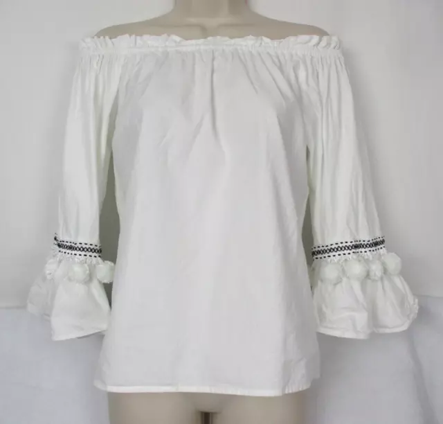 Karen Kane Top Womens XS Bell Sleeve Pom Trim Off Shoulder Blouse Boho X-Small