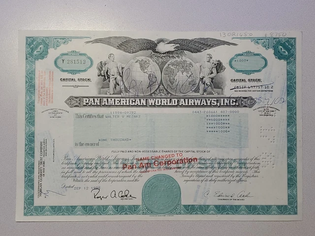 Pan American World Airways Cancelled Stock Certificate