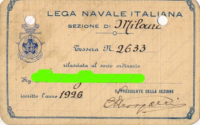 1926-1930 Lega Navale Italiana Milano Marina tessera