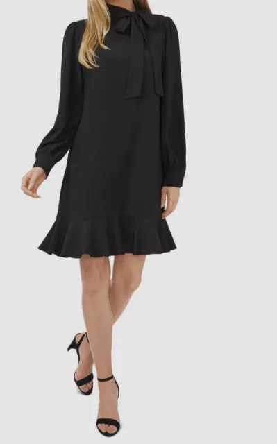 $110 CeCe Women Black Tie-Neck Ruffle Hem Long Sleeve A-Line Dress Size 10