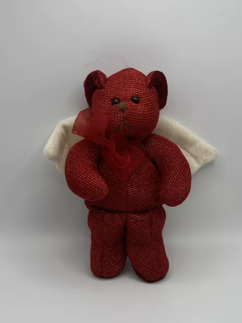 Russ Berrie Red Angel Teddy Bear 6” - Sparkle Shiny Fabric With Wings Plush