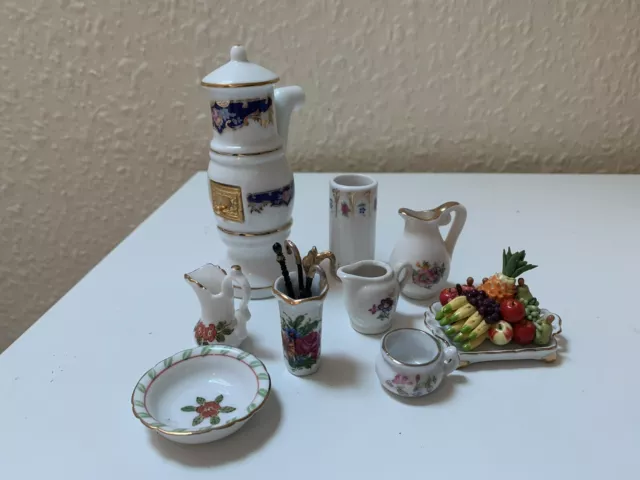 Assortment Of Porcelain Dolls House Accessories Incl. Reutter Stove