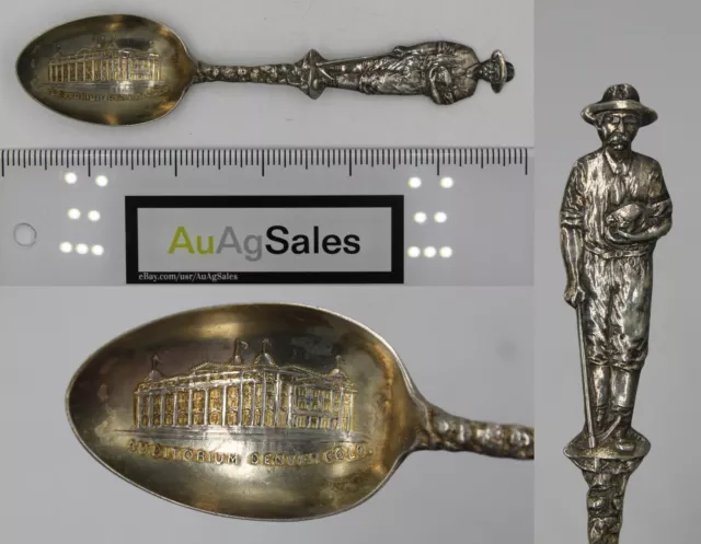 Antique Sterling Silver Souvenir Spoon: Gold Miner & Auditorium, Denver Colorado