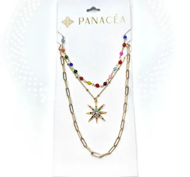 PANACEA Gold Chain Beaded Rainbow Stone Layered Star Pave Crystal Necklace NEW