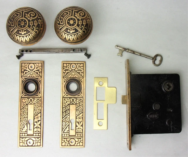 Antique Set EASTLAKE VICTORIAN AESTHETIC Backplates Door Knob Mortise Lock w Key