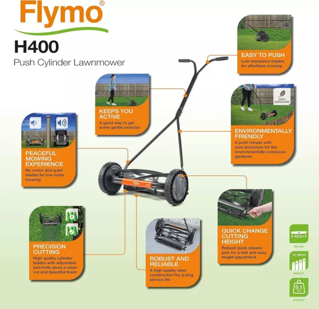 FLYMO H400 Hand Push Lawn Mower Cylinder Scissor Manual Precision Cut NEW 2YRWTY 3