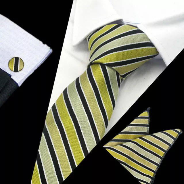 Mens Classic Green Black Stripe Silk Tie Handkerchief Hanky Cufflinks GIFT SET