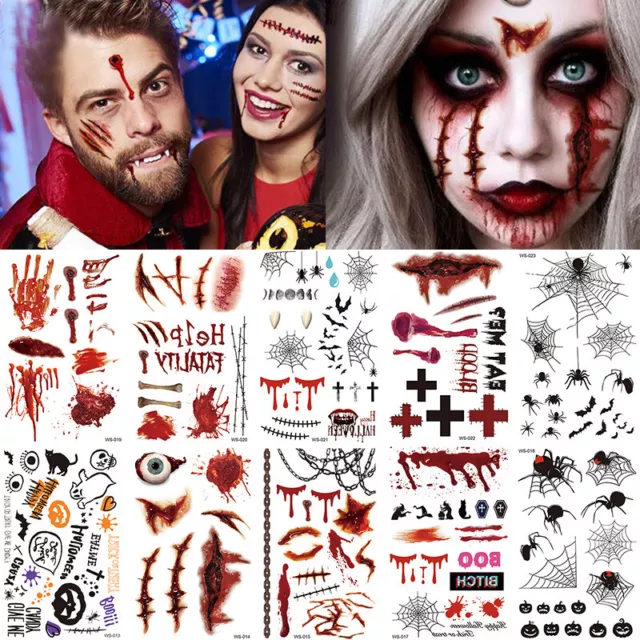 Pegatina de tatuaje temporal de Halloween resistente al agua cicatrices falsas agua sangrienta 🙂