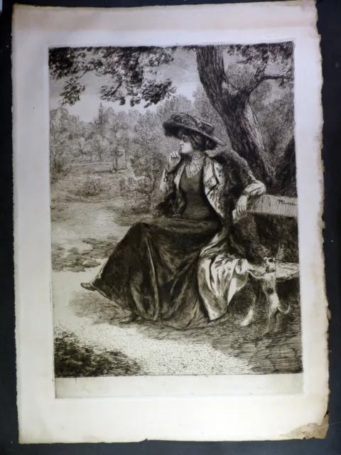 Marius Borrel LARGE ENGRAVING 43 X 61 Femme de la Belle Époque in a park FASHION