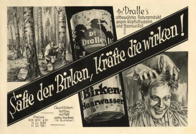 Dr. Dralle Birken Haarwasser Reklame 1930 Kopfmassage Werbung Massage Frisör