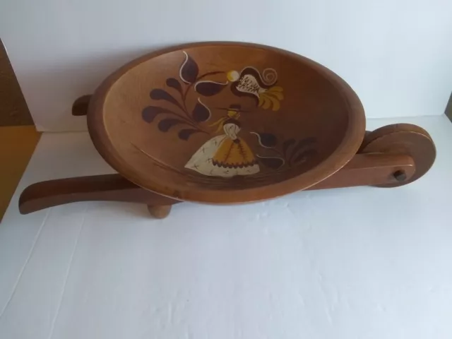 Hand Painted Wooden Bowl, Wheel  Barrow Moving Wheel. Fruit Bowl Center Piece