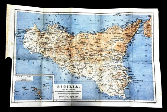 1887 Old Map..GEOGRAFICA POLITICA DELLA SICILIA ISOLE EOLIE Wagner.Baedeker.Etna