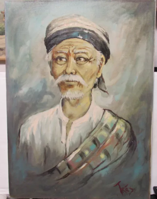 Trives Vietnam Elder Man Original Oil On Canvas Painting 1972