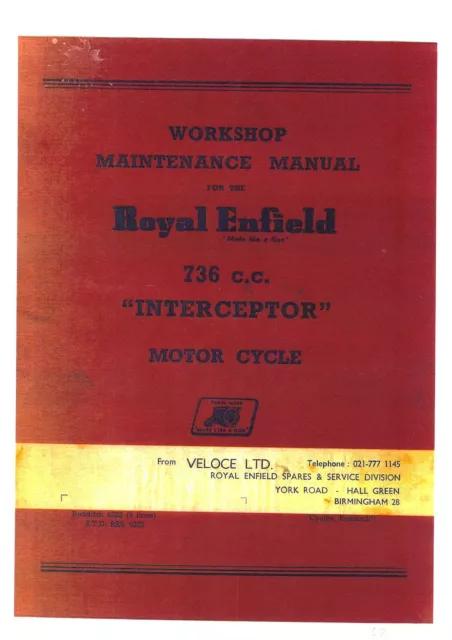 Royal Enfield Motorcycle Motorbike Interceptor 736cc Workshop Manual