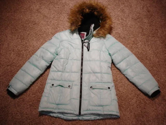 Justice light blue zip hooded puffer jacket girl's 18/20 fur hood sherpa lined