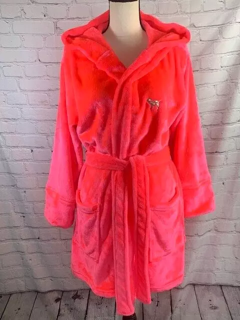 Victoria's Secret PINK Bling Gold Sequin Neon Pink Teddy Plush Hooded Robe XS/S