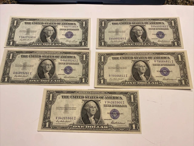 $1 DOLLAR 1935 LOT OF 5 ONE DOLLAR BILL BLUE SEAL SILVER CERTIFICATE series F&E