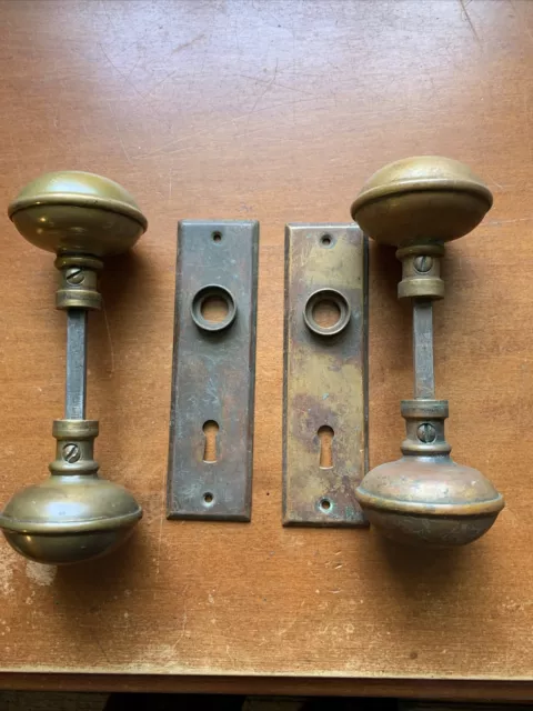 Vintage Antique Brass Door Knob Set With Backplates Two Sets
