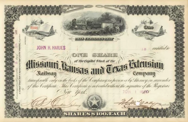 Missouri, Kansas and Texas Extension Railway - "The Katy" - 1880 dated Railroa