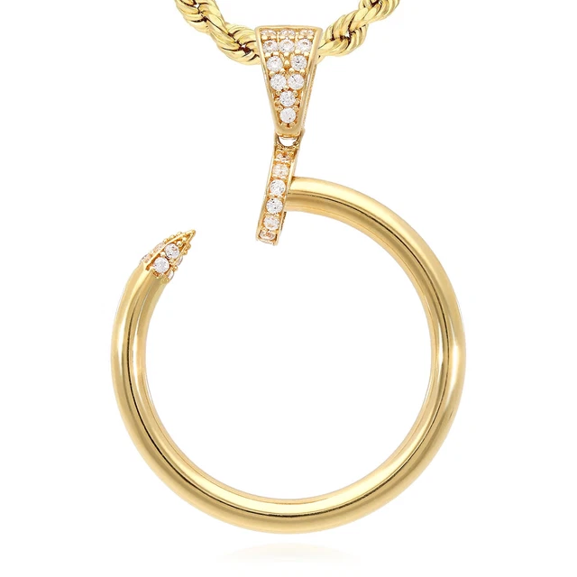 Simulated Diamond 14K Yellow Gold Twisted Curved Nail Spike Pendant 1.3" 1.4"
