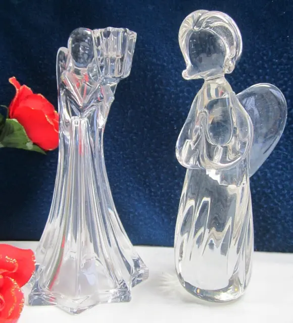 2 Art Glass Angel Figurines 8" tall Clear Heavy Candleholder Lead Crystal ?