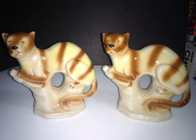 Pair of Vintage Tiger Striped Cats Puma Jaguarundi Figurines Made in Brazil 6" H