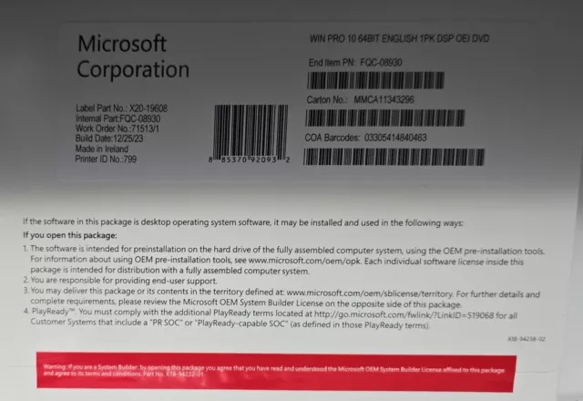 Microsoft Windows 10 Pro 64bit Genuine DVD-Key New in Sealed Package FQC-08930