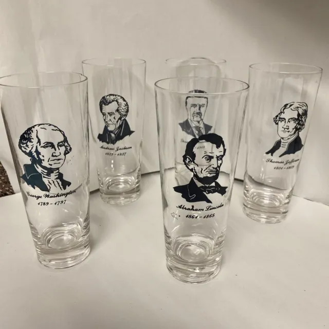 AMERICAN PRESIDENT TALL GLASS TUMBLERS Set Of 5-7” Water Glasses Tall Boys A2