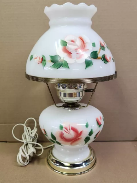 Vintage Hand Painted Pink Rose Floral Milk Glass Hurricane Lamp  WORKS READ