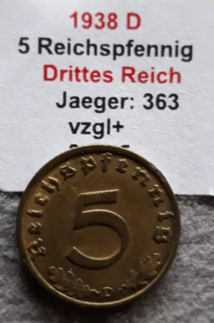 1938 D  5 Reichspfennig Drittes  Reich    Jaeger: 363   f.vzgl.