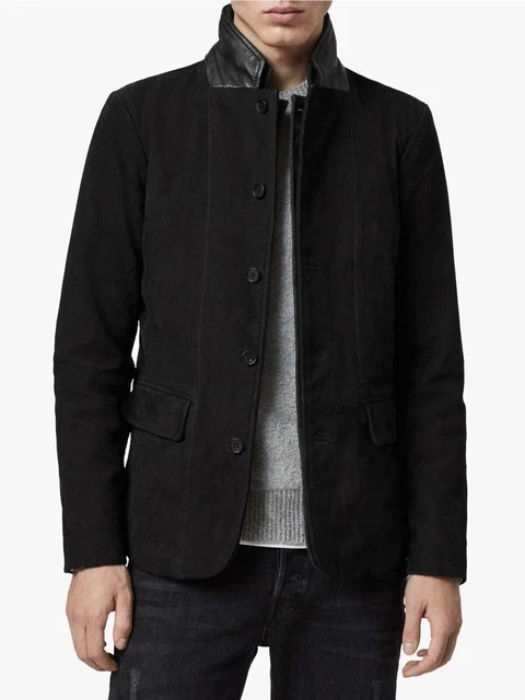 Hombres 100% Real ante Suave Chaqueta Piel Negro Abotonado Abrigo Moderno