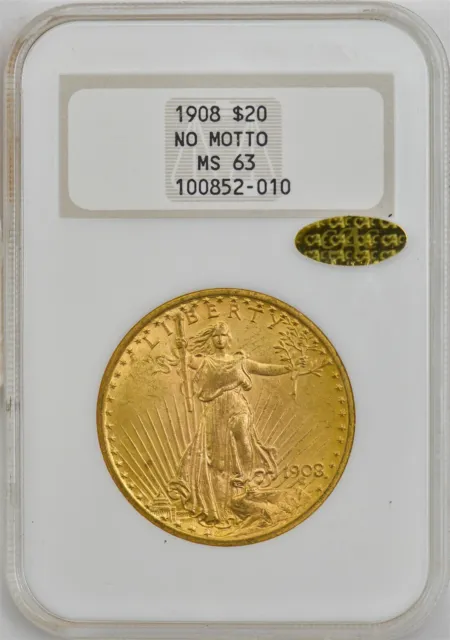 1908 $20 Saint Gaudens No Motto MS63 NGC ~ Gold CAC 945657-6