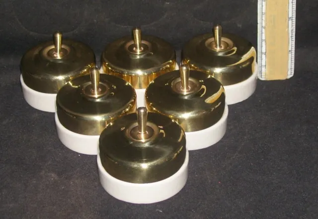 Vintage Brass And Ceramic Electric Switch Button One Way Home Decor set Of 6 ###