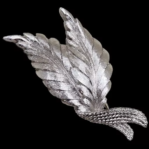 Vtg Monet Brooch Leaf Spray Feathers Leaves Brushed Silver Tone Signed Lapel Pin