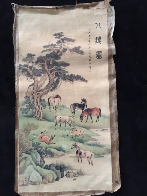 Chinese Rice Paper Yarn Mesh Mural Hu Chengrong Color Painting Eight Horses