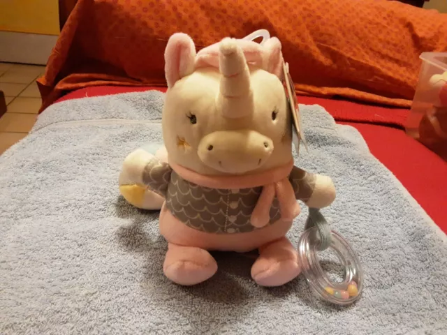 Doudou  MOTS D'ENFANTS Licorne   Blanche Grise Et Rose  rodé Etoiles Neuf