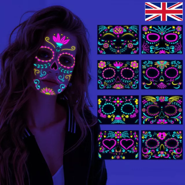 Halloween Funny Fluorescent Face Tattoo Stickers Day Of The Dead Temporary Neon