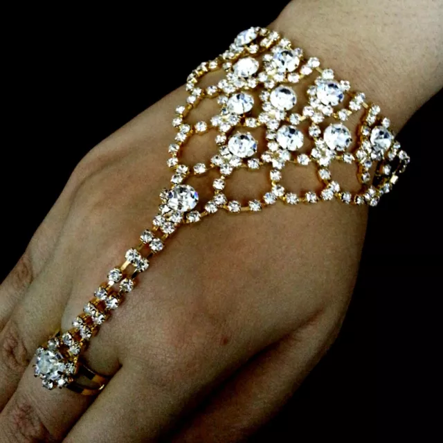 Bollywood Handkette Armband mit Ring Kette Handschmuck Strass Hochzeit GOLD 2