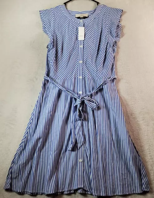 LOFT Fit & Flare Dress Womens 6 Blue Striped Sleeveless Button Front Drawstring