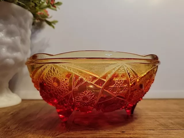 Vintage Jeanette Amberina Red Yellow Depression Glass Footed Bowl