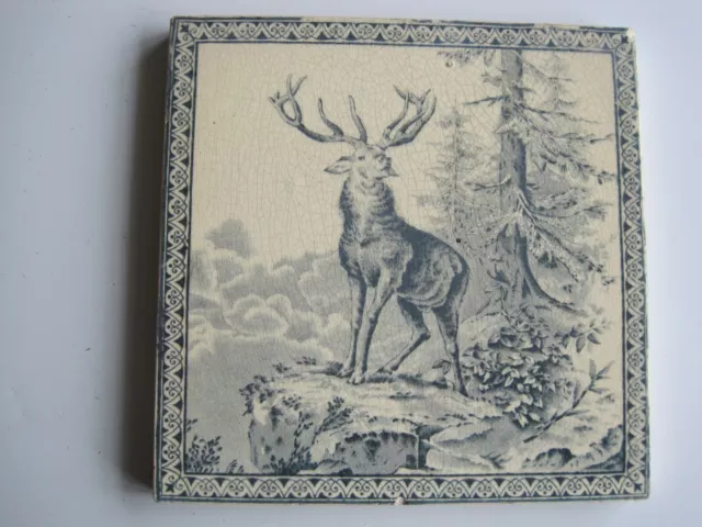 Antique 6" Victorian Blue On White Transfer Print Tile - Stag Pattern 1358